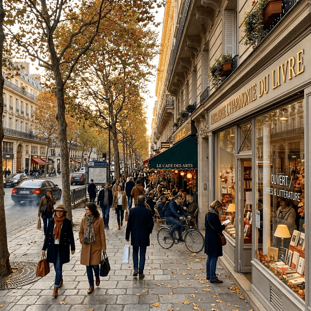 Paris boulevard with autumn trees, café, bookshop, pedestrians, and traffic